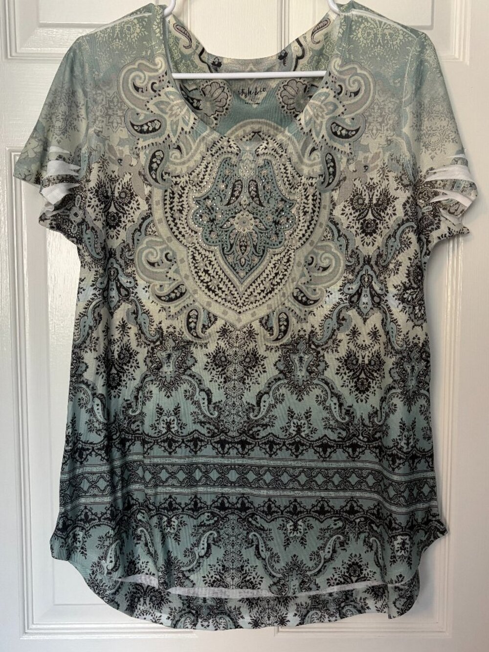 Style & Co Women Blouse Top T-Shirt Green Rhinestone Short Sleeve Boho SZ Large
